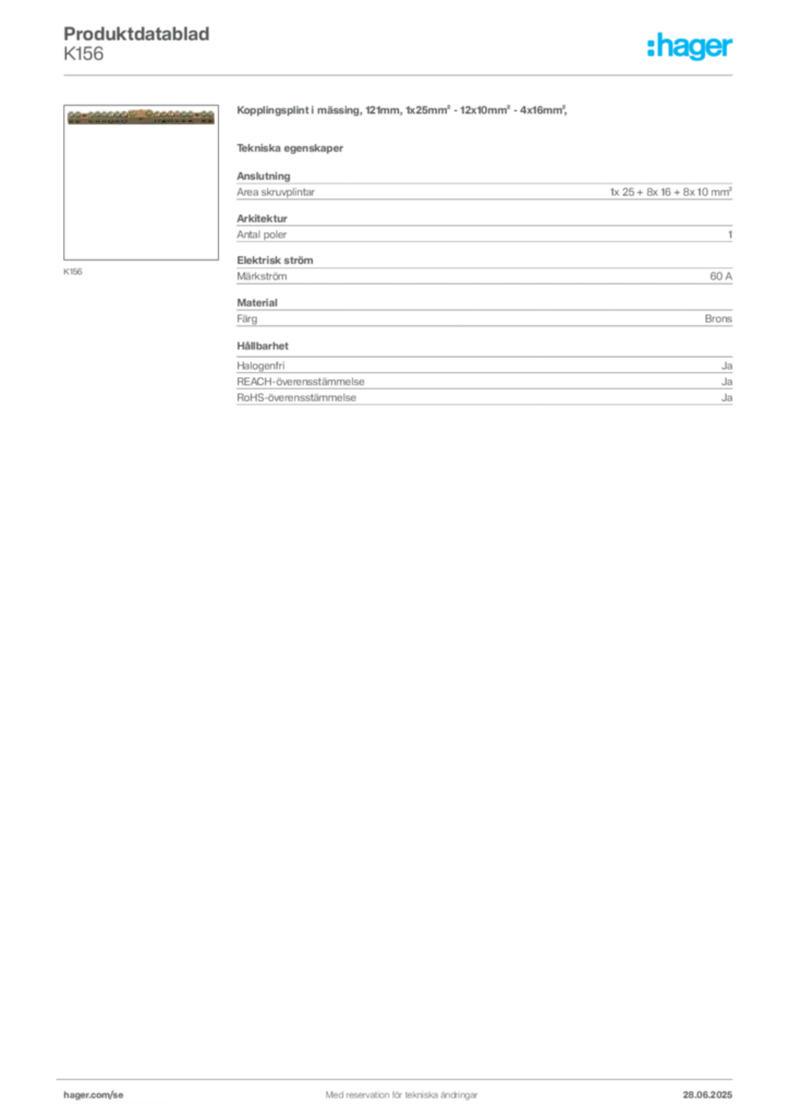 Bild Hager Produktdatablad K156 | Hager Sverige