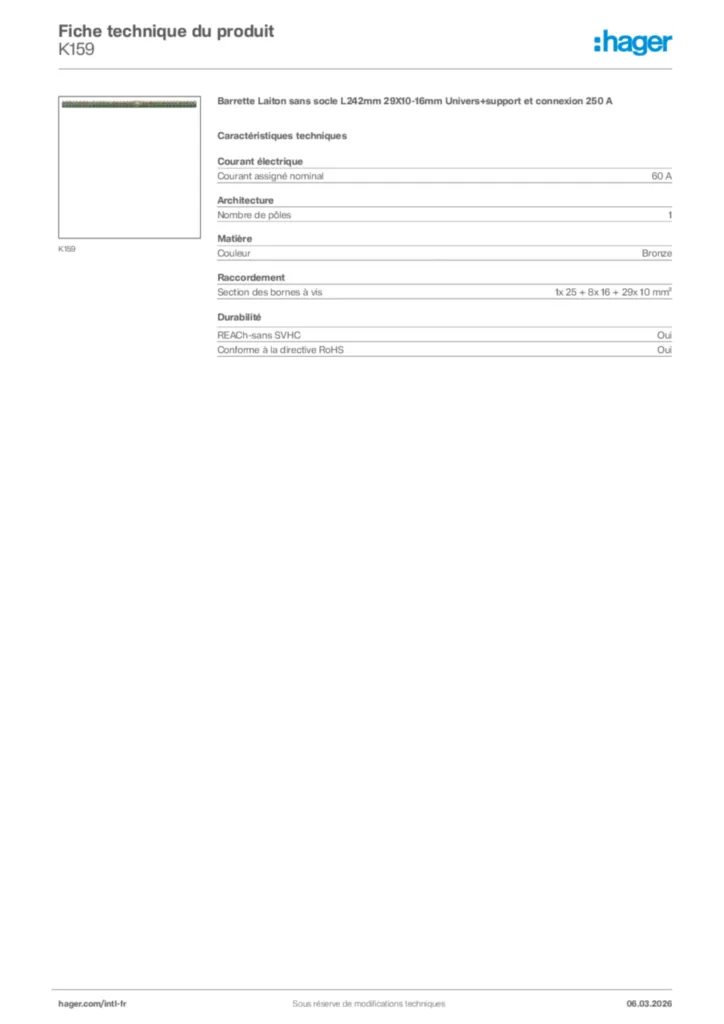 Image Hager Fiche technique du produit K159 | Hager Afrique