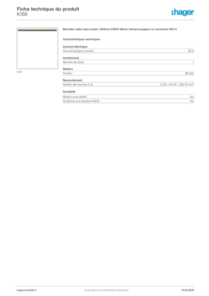 Image Hager Fiche technique du produit K159 | Hager Afrique