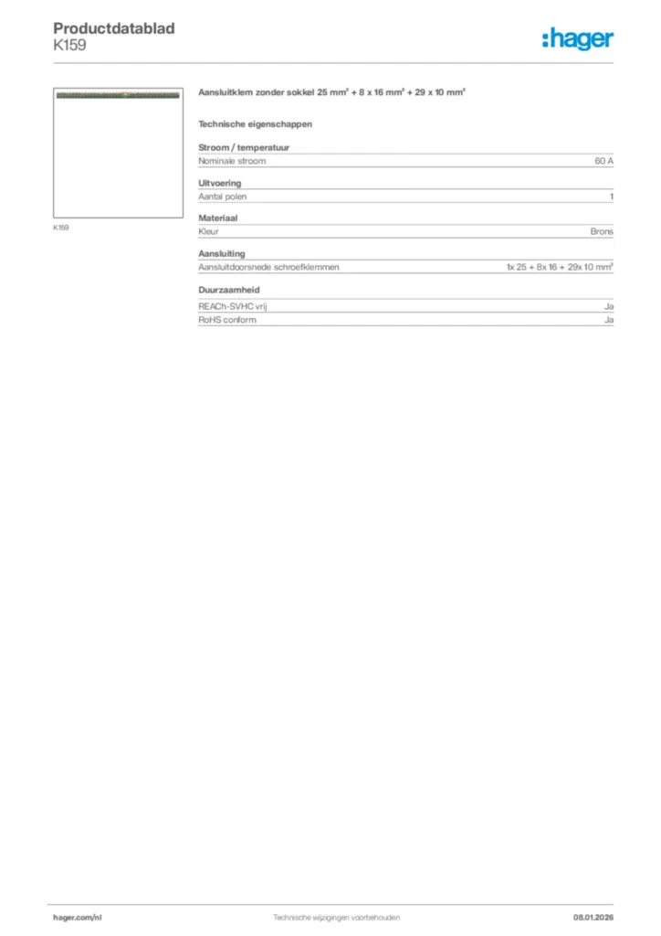 Afbeelding Hager Productdatablad K159 | Hager Nederland