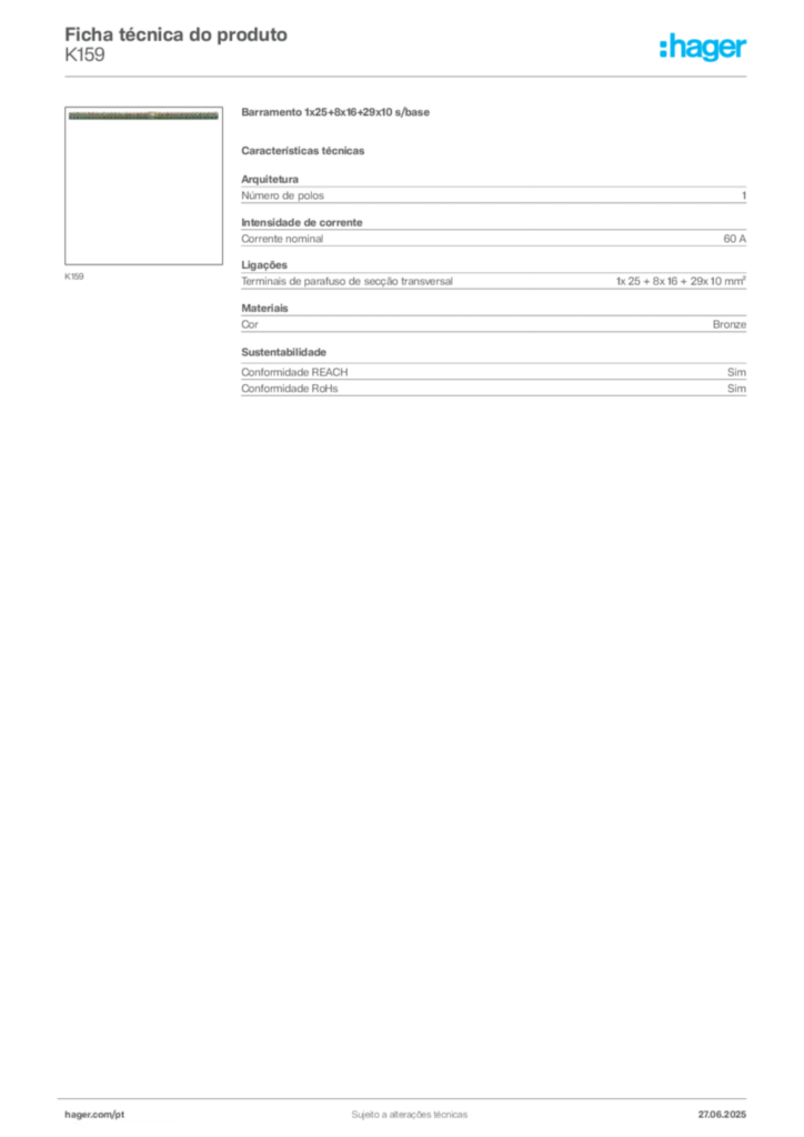 Imagem Hager Ficha técnica do produto K159 | Hager Portugal