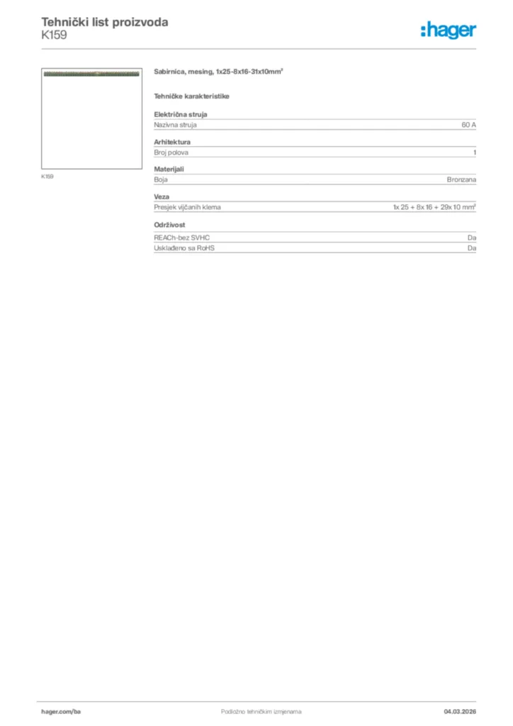 Slika Hager Tehnički list proizvoda K159  | Hager