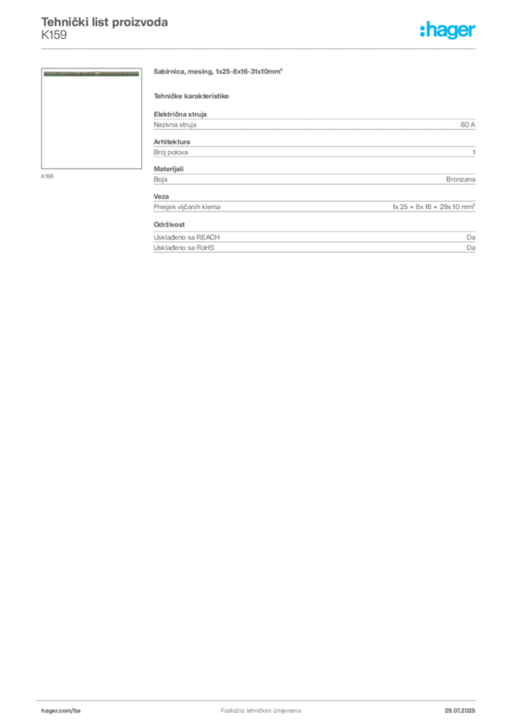 Slika Hager Product data sheet K159  | Hager