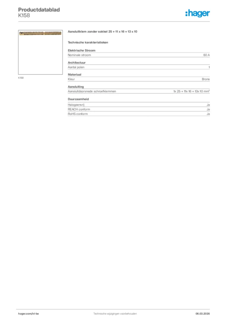 Afbeelding Hager Productdatablad K158 | Hager Belgium