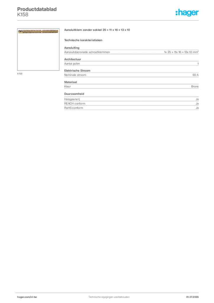 Afbeelding Hager Productdatablad K158 | Hager Belgium