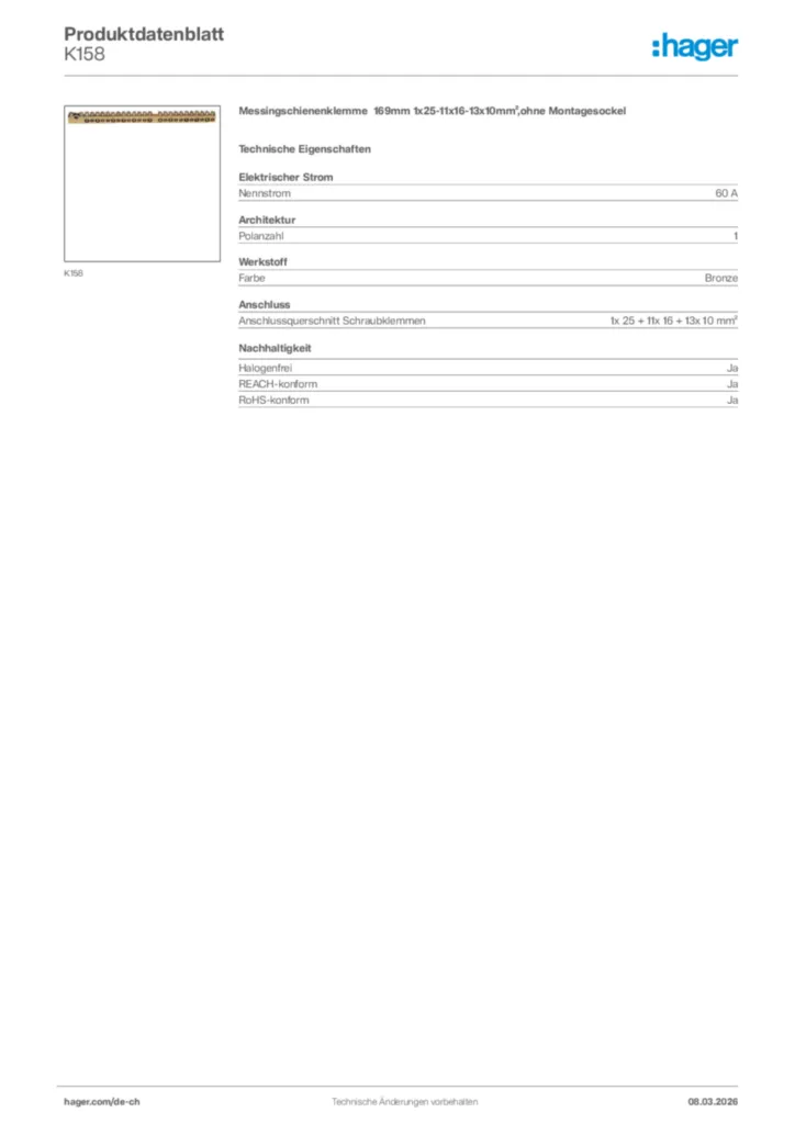 Bild Hager Produktdatenblatt K158 | Hager Schweiz