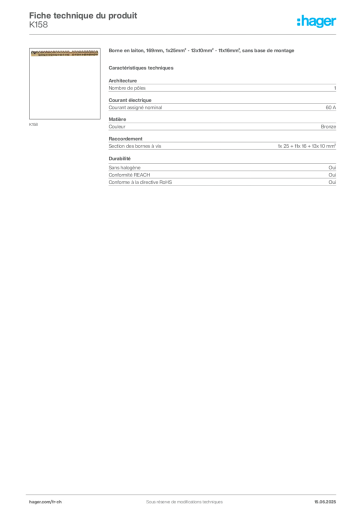 Image Hager Fiche technique du produit K158 | Hager Suisse