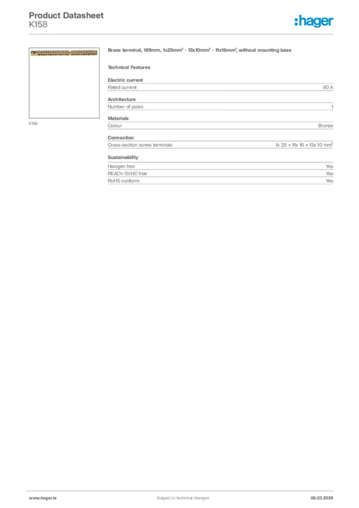 Image Hager Product data sheet K158  | Hager