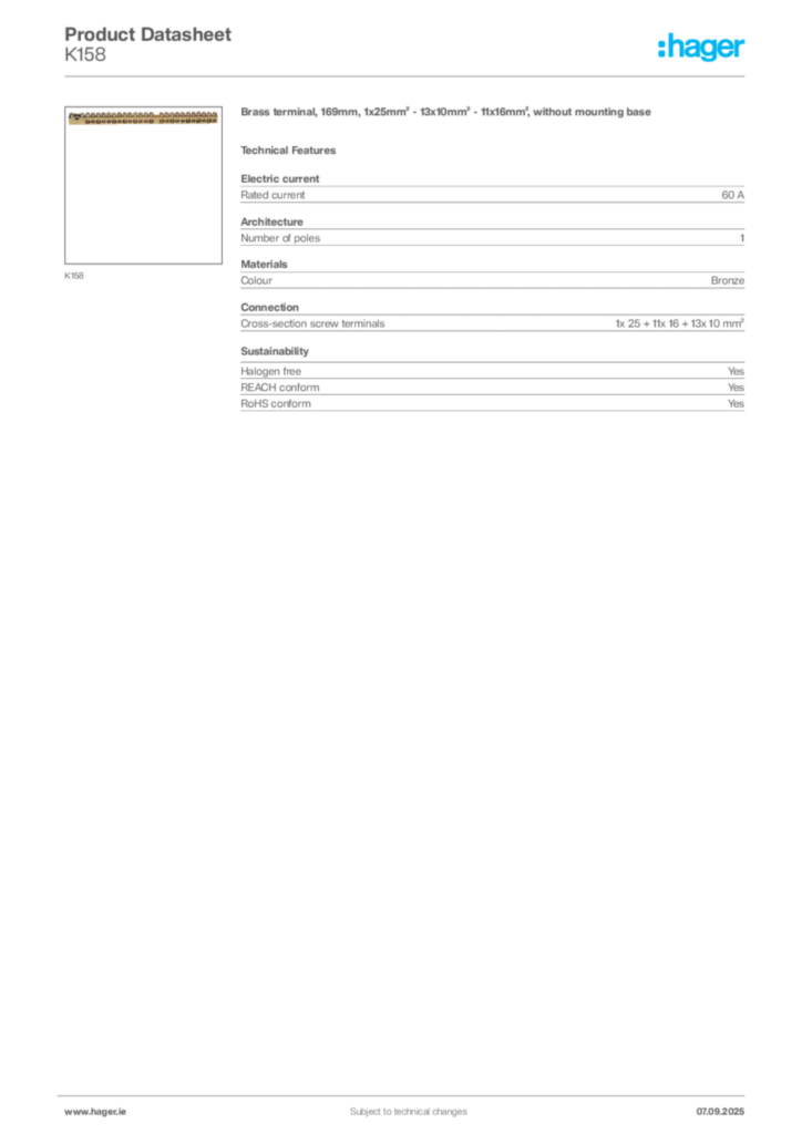 Image Hager Product data sheet K158  | Hager