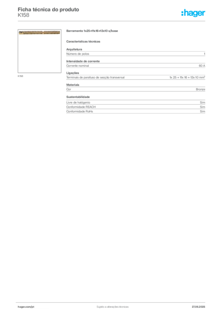 Imagem Hager Ficha técnica do produto K158 | Hager Portugal