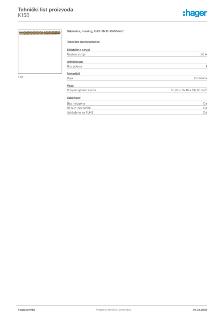 Slika Hager Tehnički list proizvoda K158  | Hager