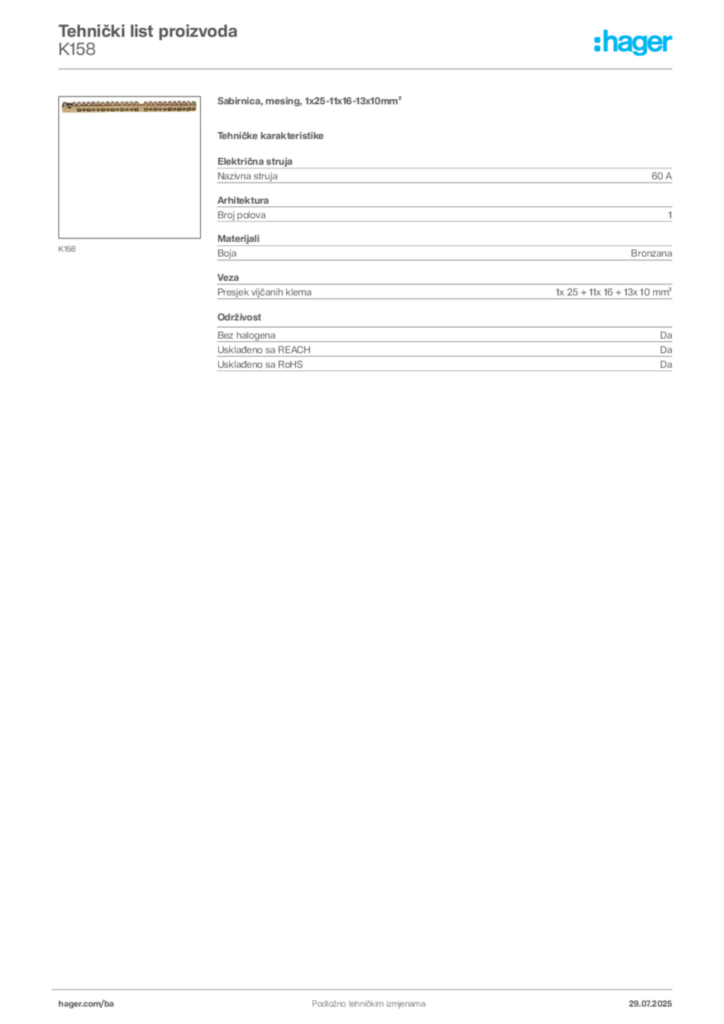 Slika Hager Product data sheet K158  | Hager