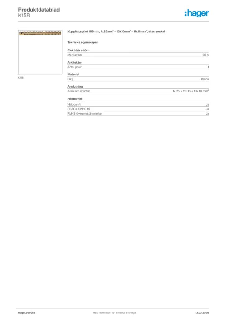 Bild Hager Produktdatablad K158 | Hager Sverige