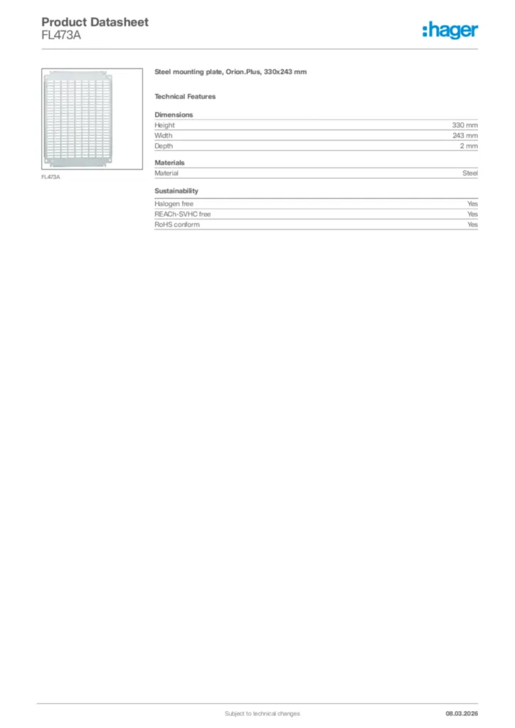 Image Hager Product data sheet FL473A  | Hager Africa