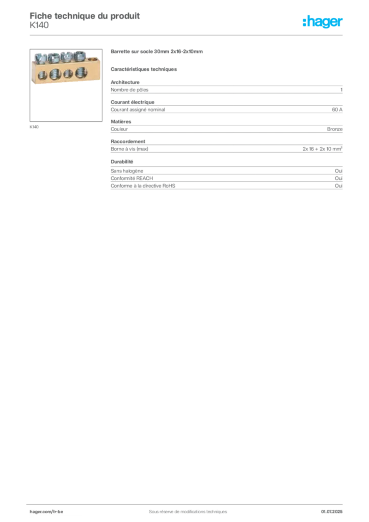 Image Hager Fiche technique du produit K140 | Hager Belgique