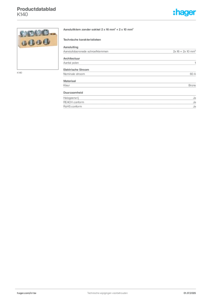 Afbeelding Hager Productdatablad K140 | Hager Belgium