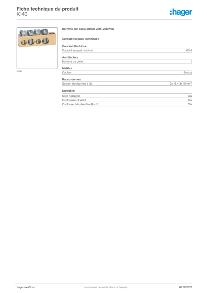 Image Hager Fiche technique du produit K140 | Hager Suisse