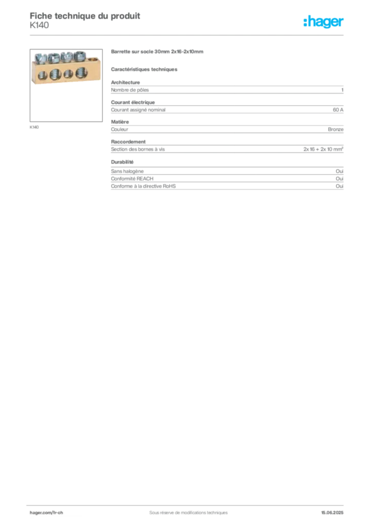Image Hager Fiche technique du produit K140 | Hager Suisse