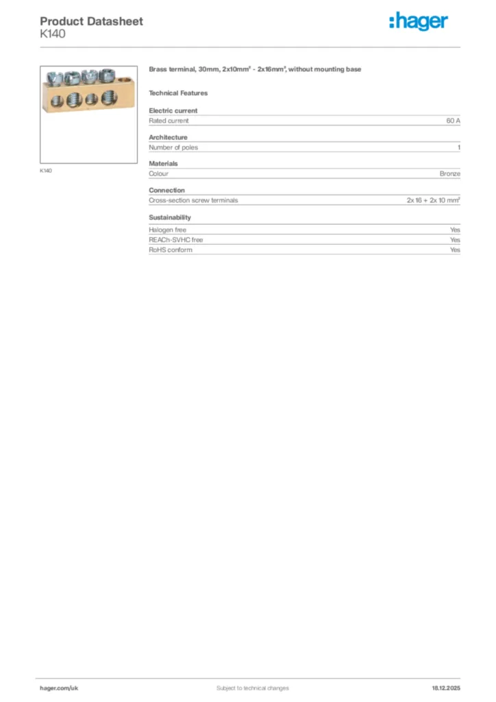Image Hager Product data sheet K140  | Hager