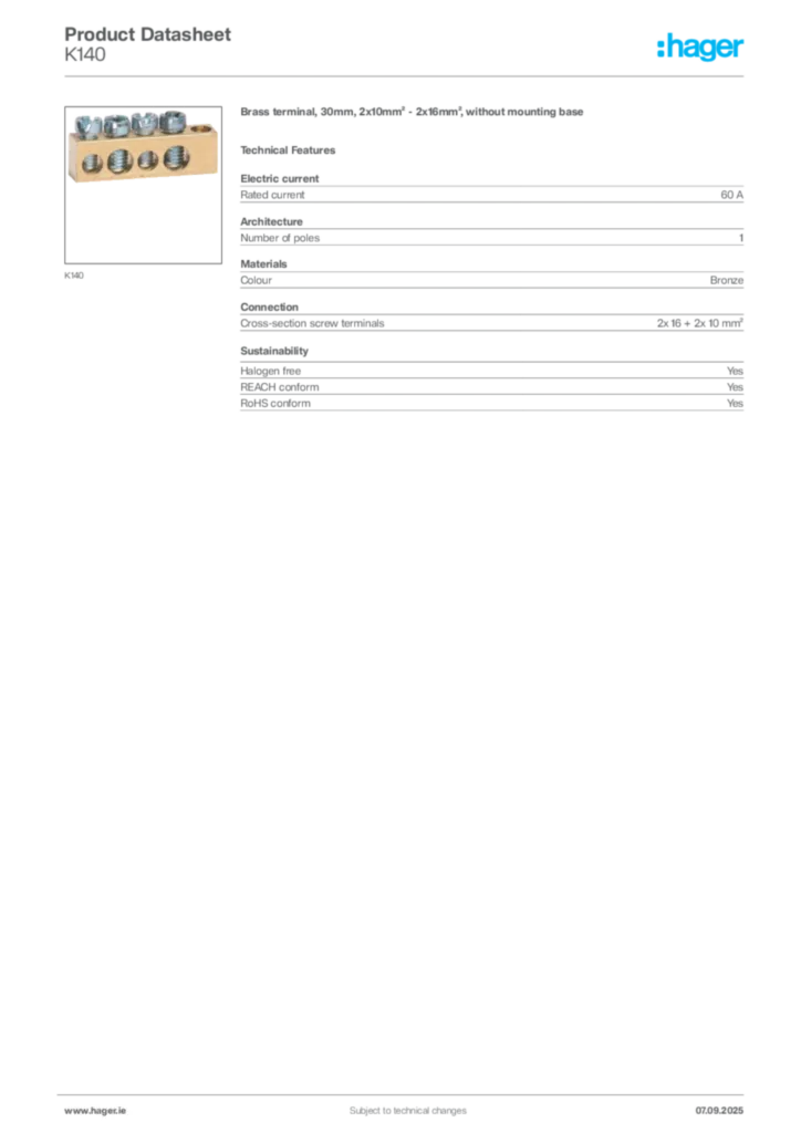 Image Hager Product data sheet K140  | Hager