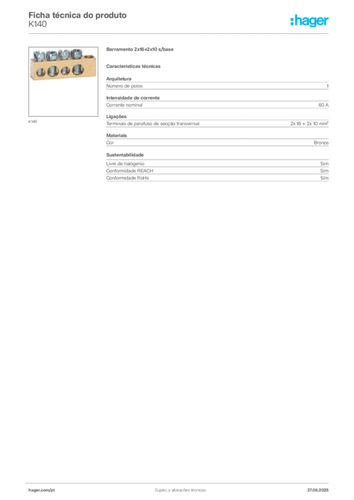 Imagem Hager Ficha técnica do produto K140 | Hager Portugal
