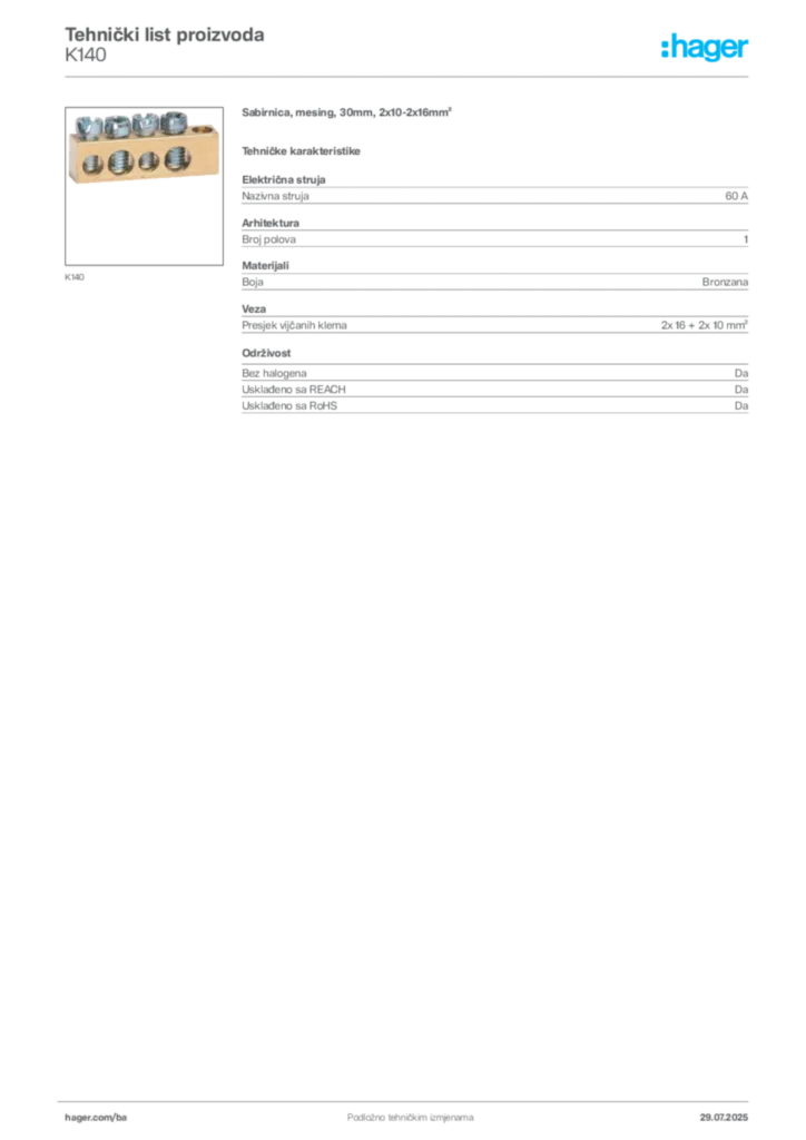 Slika Hager Product data sheet K140  | Hager