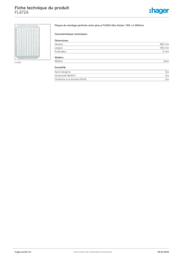 Image Hager Fiche technique du produit FL472A | Hager Suisse