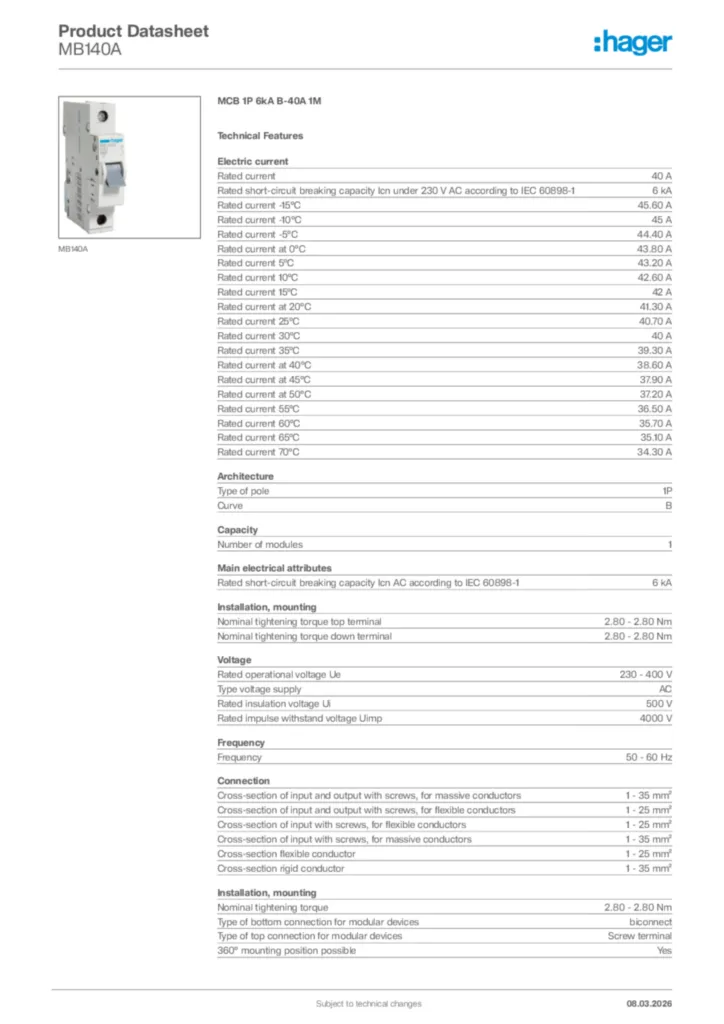 Image Hager Product data sheet MB140A  | Hager Africa