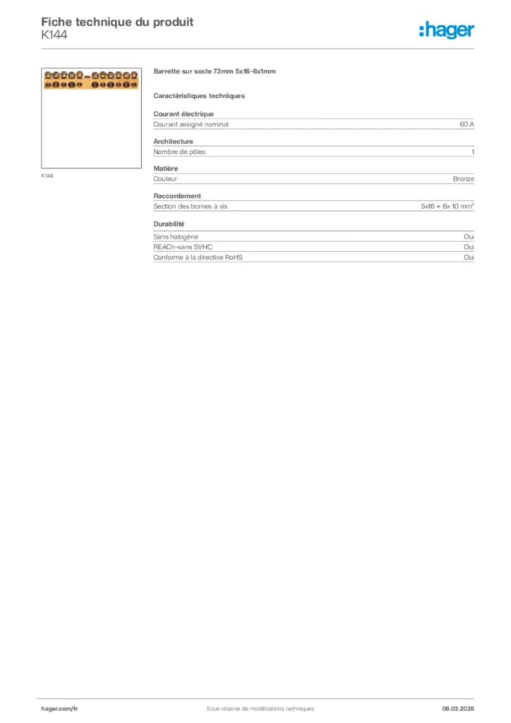 Image Hager Fiche technique du produit K144 | Hager France
