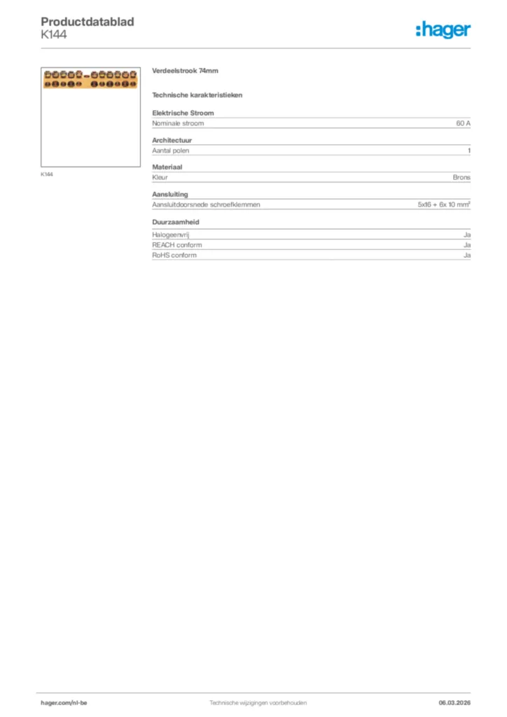 Afbeelding Hager Productdatablad K144 | Hager Belgium