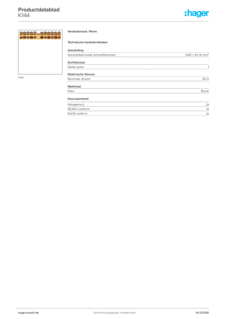 Afbeelding Hager Productdatablad K144 | Hager Belgium