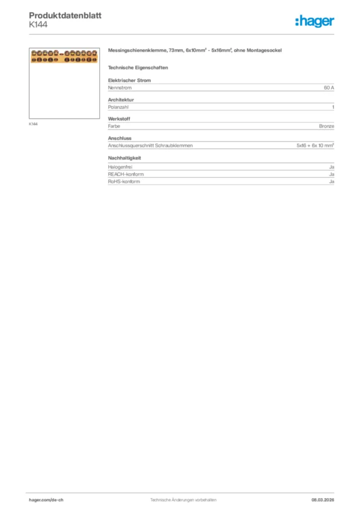 Bild Hager Produktdatenblatt K144 | Hager Schweiz