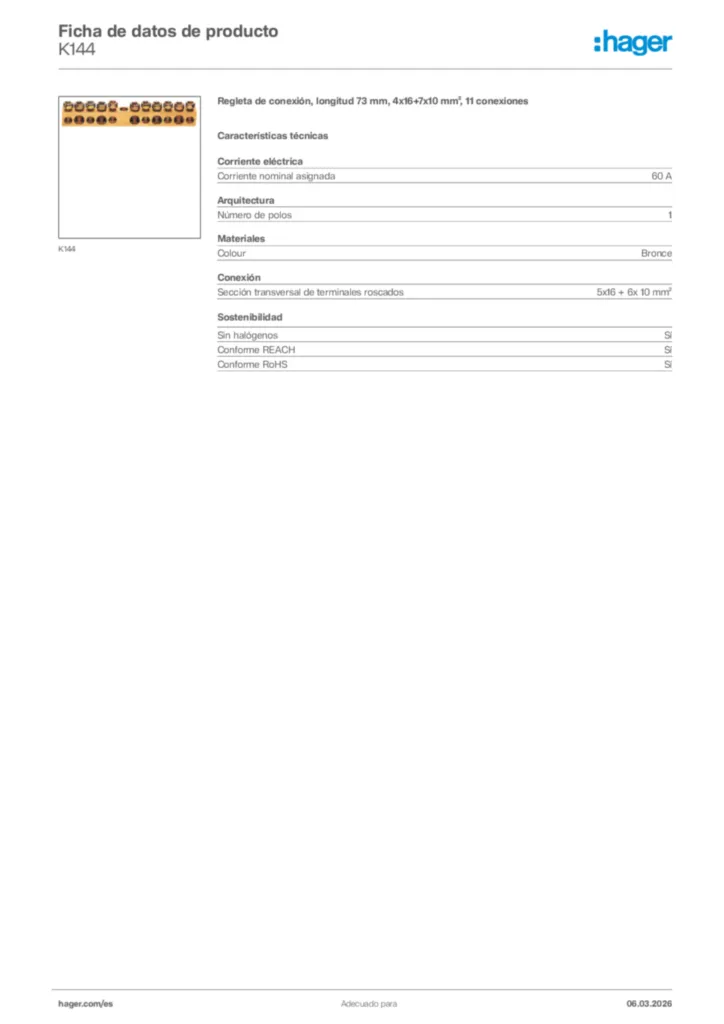 Imagen Hager Ficha de datos de producto K144 | Hager España