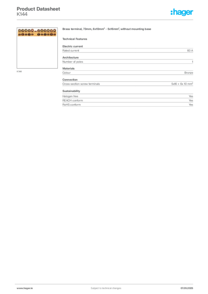 Image Hager Product data sheet K144  | Hager