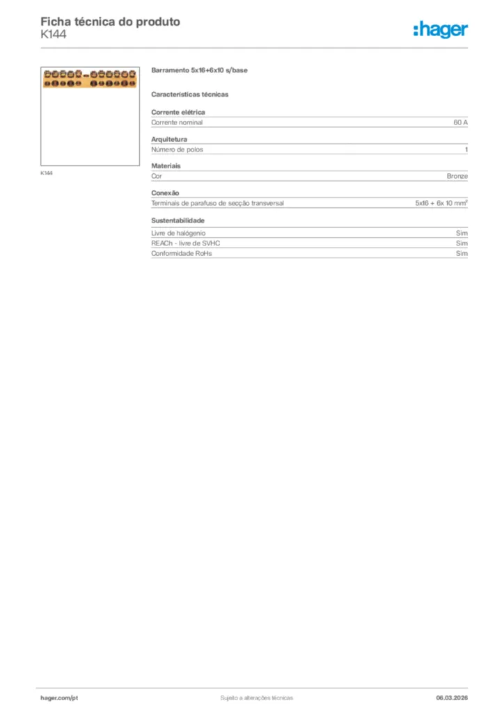 Imagem Hager Ficha técnica do produto K144 | Hager Portugal