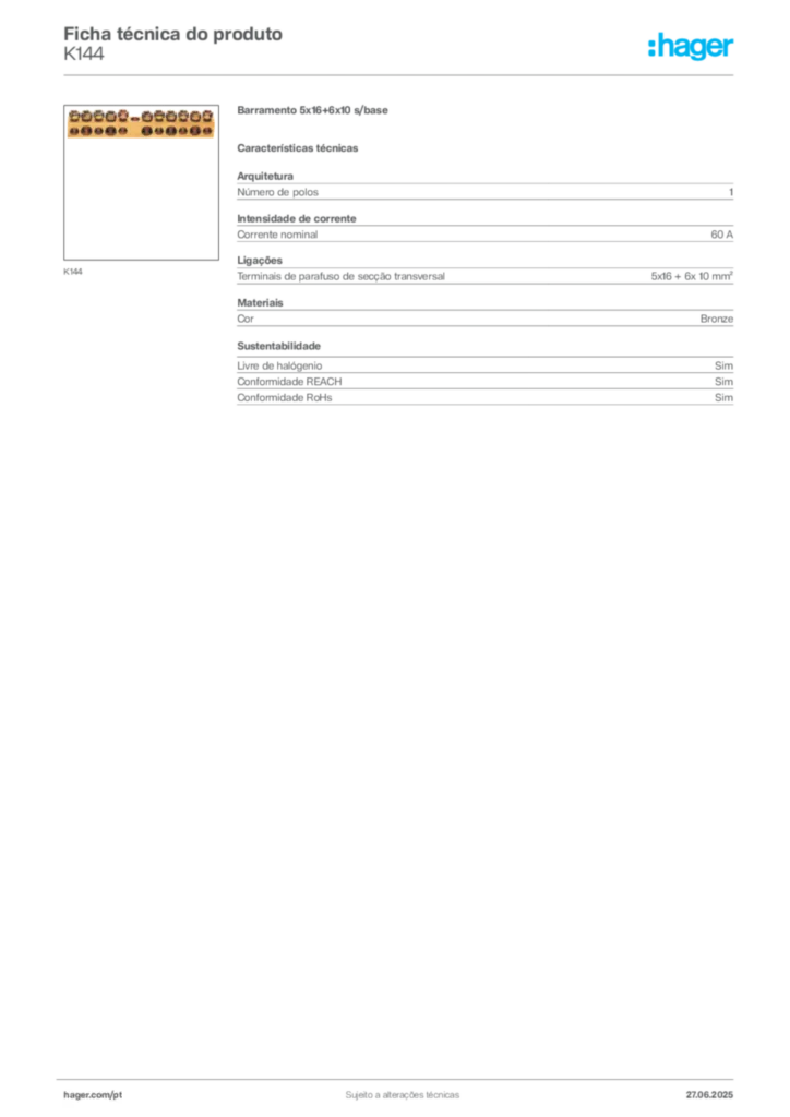 Imagem Hager Ficha técnica do produto K144 | Hager Portugal