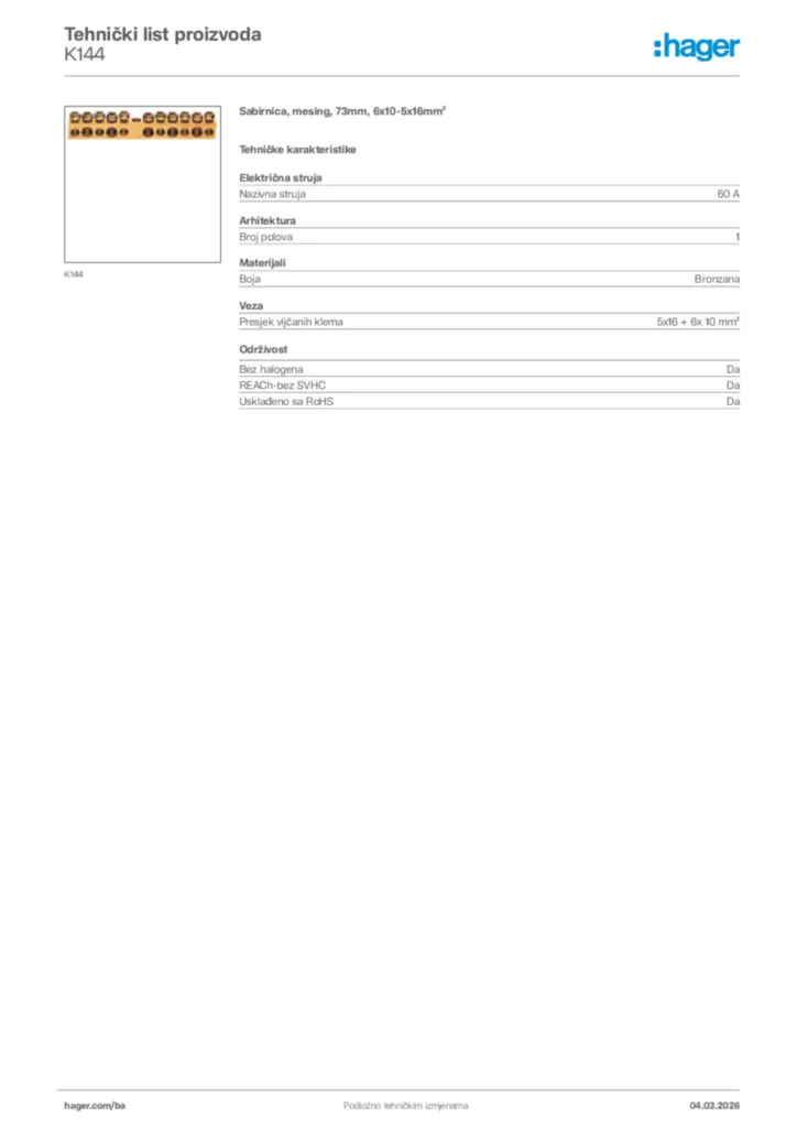 Slika Hager Tehnički list proizvoda K144  | Hager