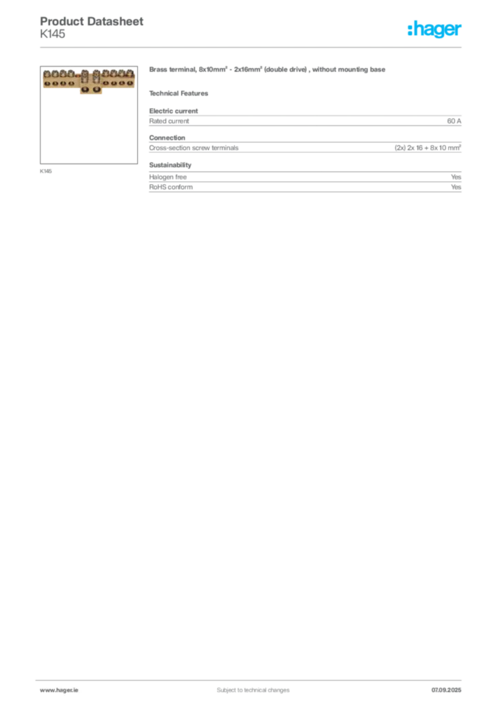 Image Hager Product data sheet K145  | Hager