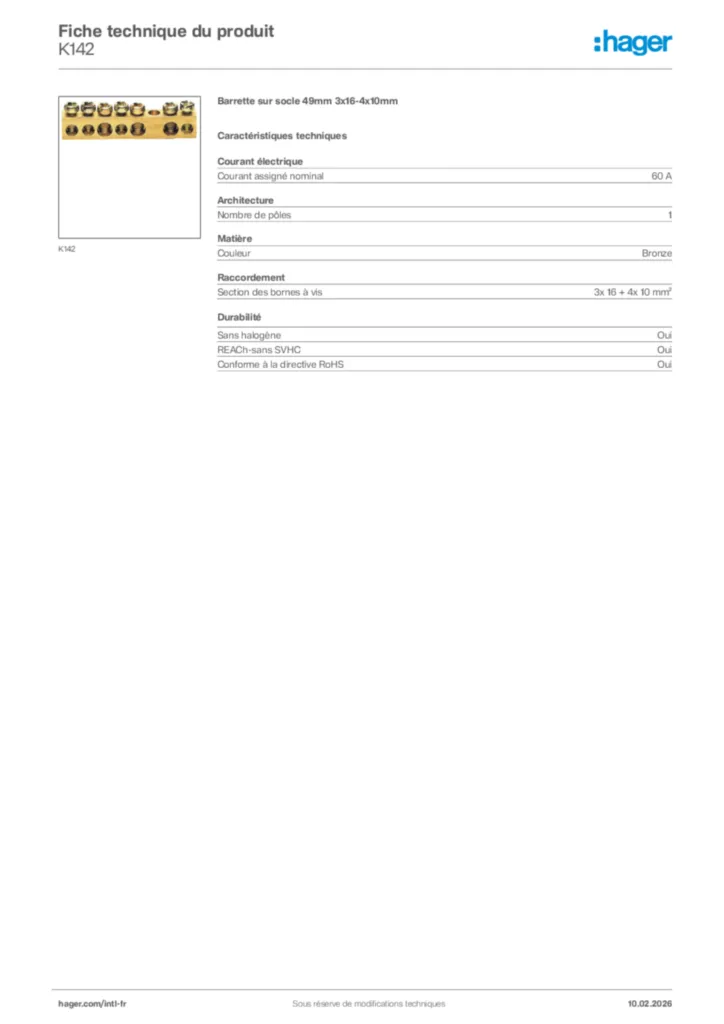 Image Hager Fiche technique du produit K142 | Hager Afrique