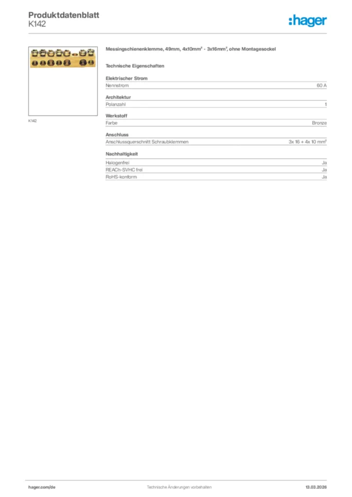 Bild Hager Produktdatenblatt K142 | Hager Deutschland