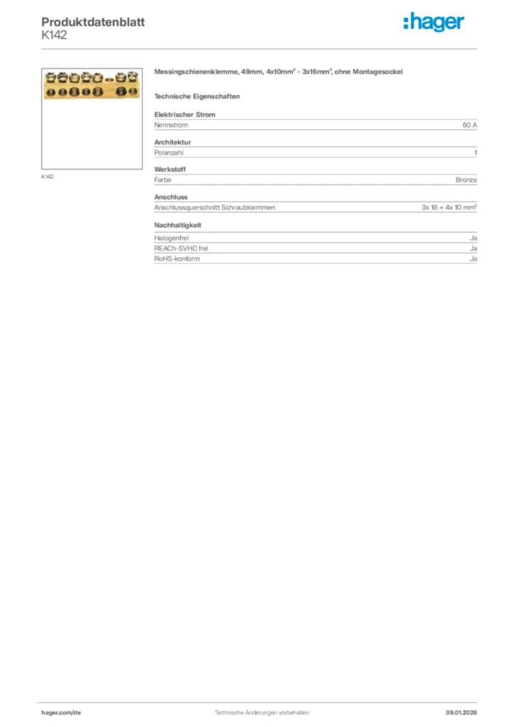Bild Hager Produktdatenblatt K142 | Hager Deutschland