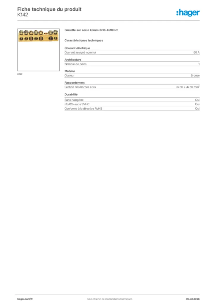 Image Hager Fiche technique du produit K142 | Hager France