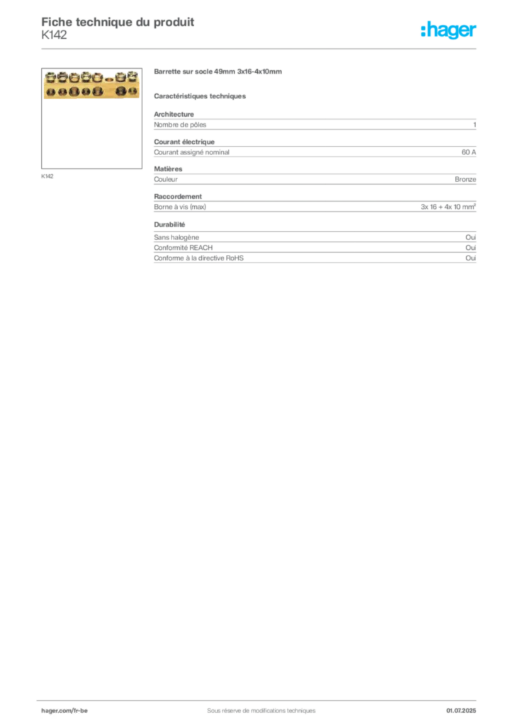 Image Hager Fiche technique du produit K142 | Hager Belgique