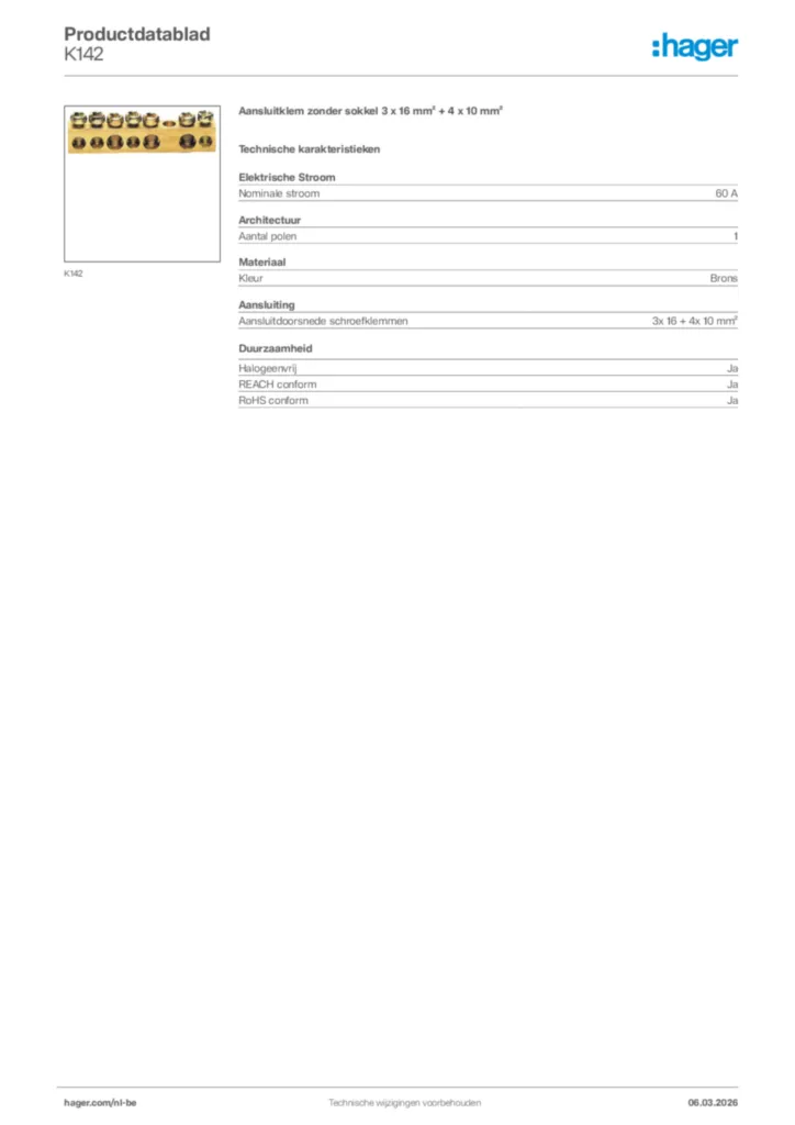 Afbeelding Hager Productdatablad K142 | Hager Belgium