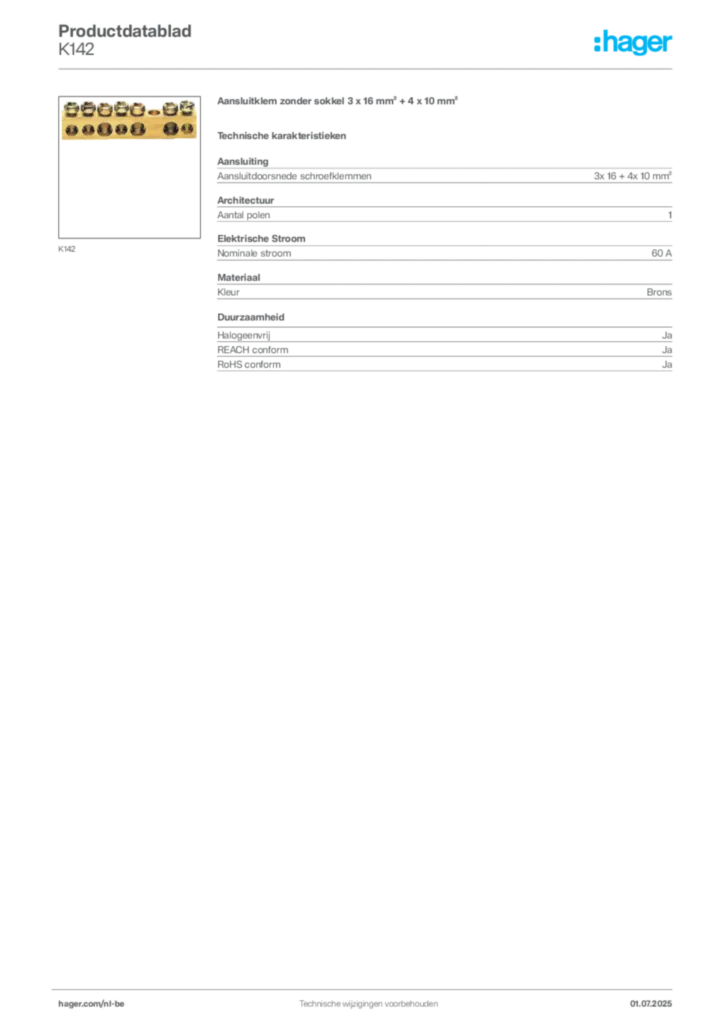 Afbeelding Hager Productdatablad K142 | Hager Belgium