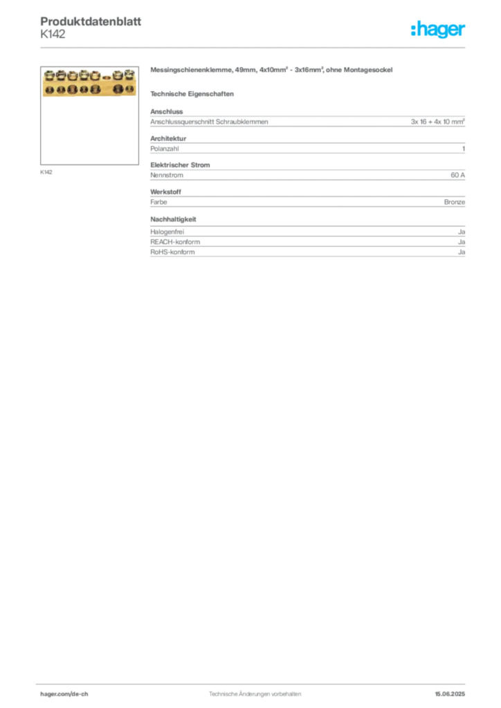 Bild Hager Produktdatenblatt K142 | Hager Schweiz