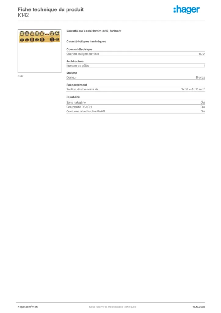 Image Hager Fiche technique du produit K142 | Hager Suisse