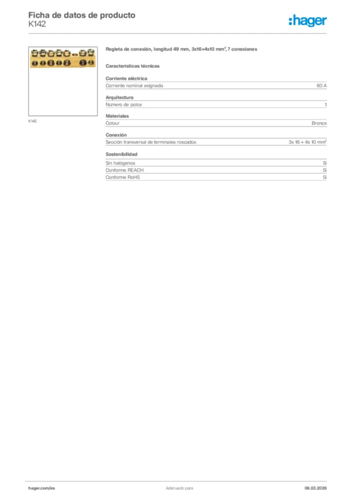 Imagen Hager Ficha de datos de producto K142 | Hager España