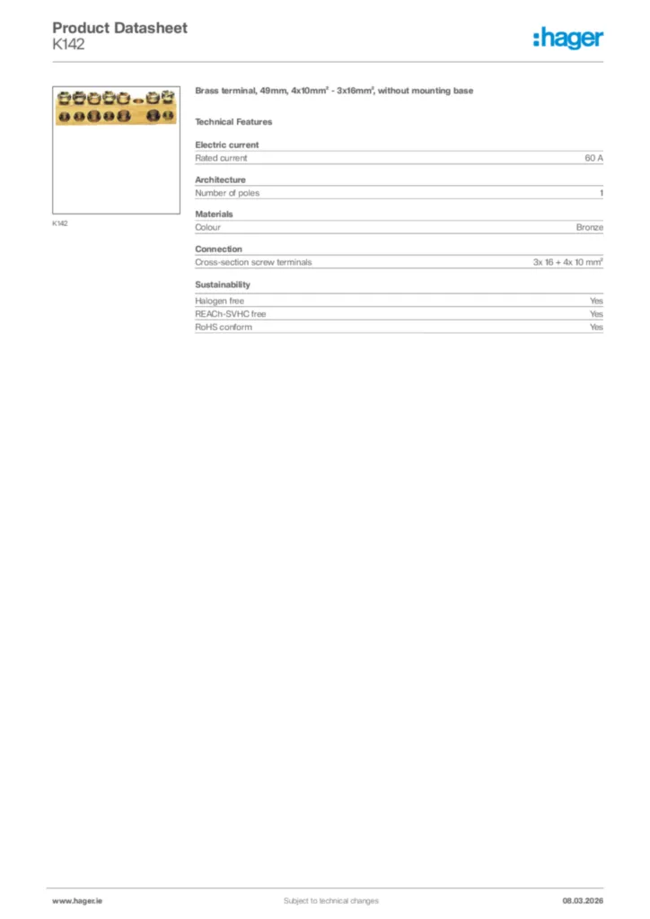 Image Hager Product data sheet K142  | Hager