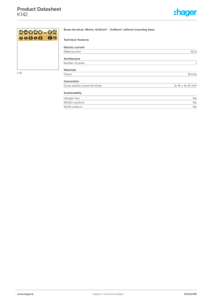 Image Hager Product data sheet K142  | Hager